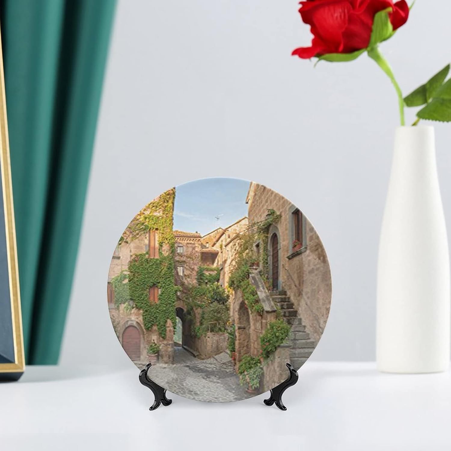6 Inch Decorative Plate,Tuscan Ceramic Plate, Village Houses with Flowers Outside in Burano Village Venice Italy Print Ornament Display Plate for Dining Table, Wedding Reception, Christmas Tablescape
