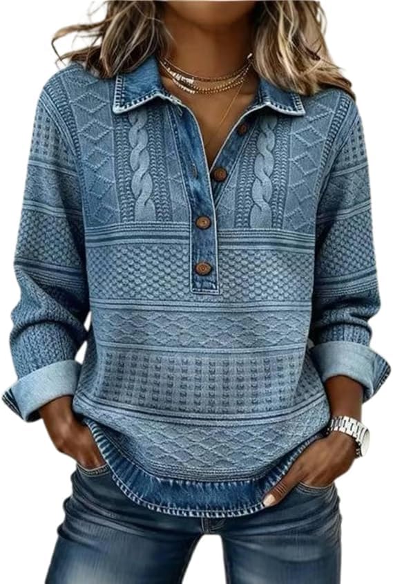 Collared Sweaters for Women with Buttons Vintage Denim Patchwork Pullover Waffle Knit Sweater Casual Jean Tops Shirts