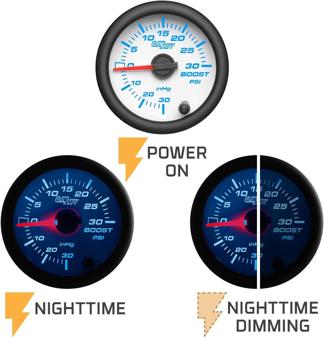 GlowShift White 7 Color 30 PSI Turbo Boost/Vacuum Gauge Kit - Includes Mechanical Hose, T-Fitting & Wiring - Multi-Color Display - White Dial - Clear Lens - for Car & Truck - 2-1/16" 52mm