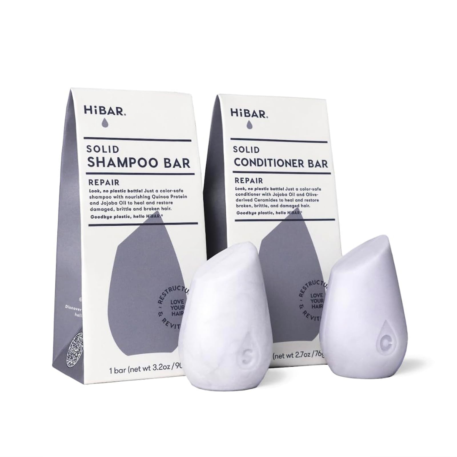 HiBAR - Repair Shampoo & Conditioner Set - For Damaged, Broken, Brittle Hair - Restore & Nourish - Quinoa Protein & Jojoba Oil - Plastic, Soap,