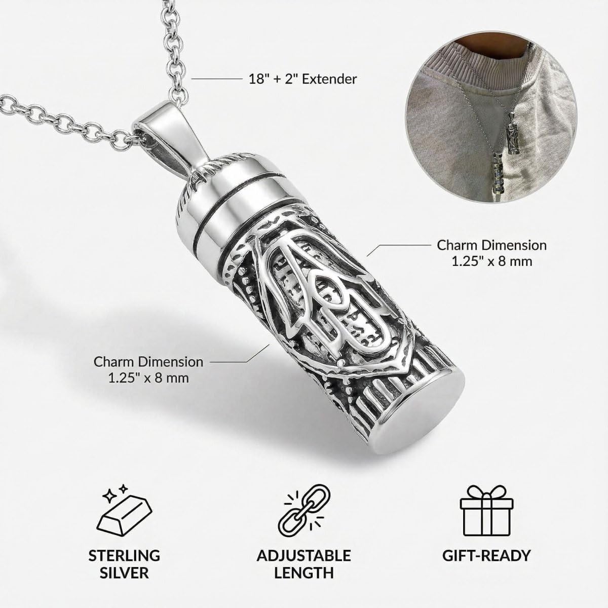 Alef Bet by Paula Mezuzah Necklace Sterling Silver with Turquoise Stone Hebrew Prayer Scroll Judaica Jewish Jewelry for Women Men Hanukkah Birthday Gift