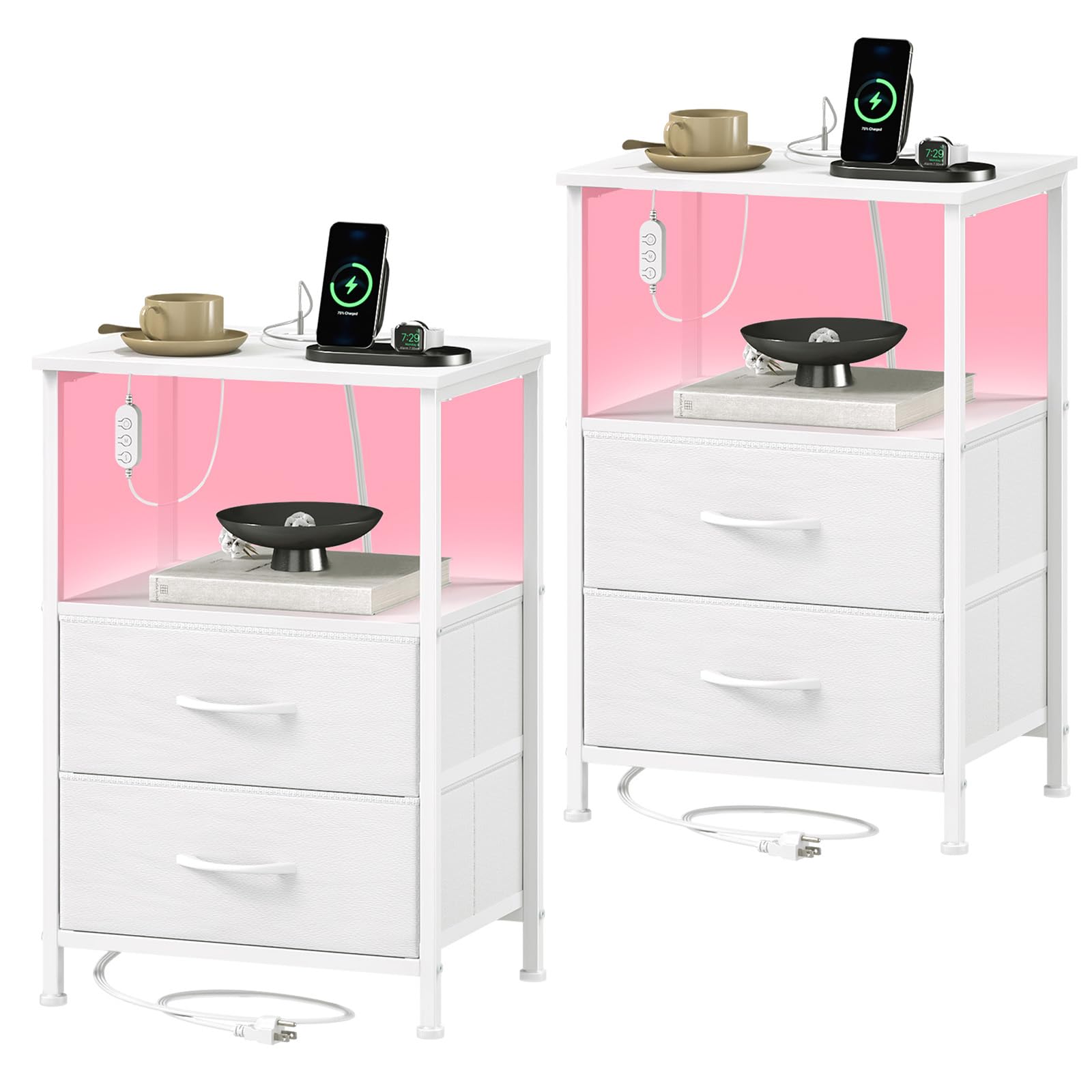 Somdot Bedside Table Set of 2 with Charging Station and LED Light, Small Bed Side Table for Bedroom Dorm Kids Room Closet, 2 Drawers Bedside Cabinet with 2 Outlets and 2 USB Ports, White Leather