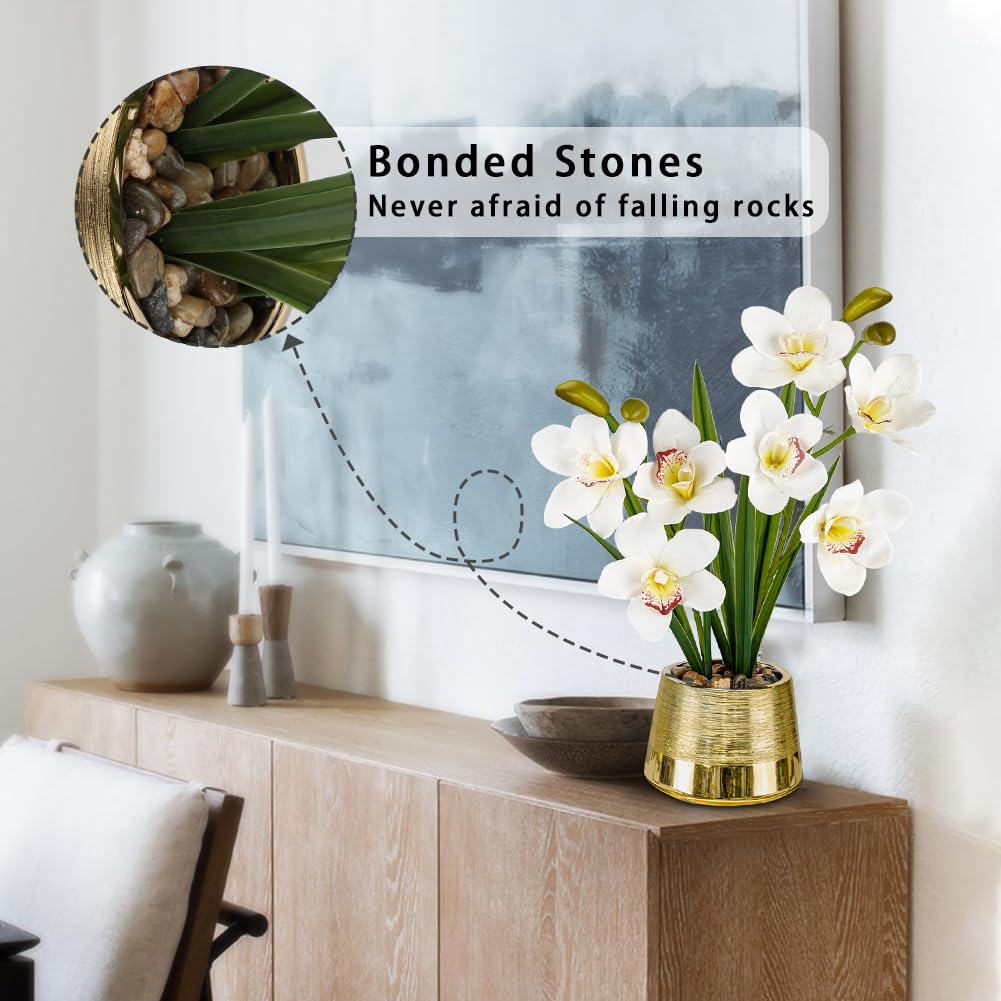 Oairse Orquídeas blancas artificiales de seda sintética Cymbidium orquídeas en maceta dorada, arreglos florales de orquídeas blancas falsas, centro de mesa, planta de orquídea sintética para