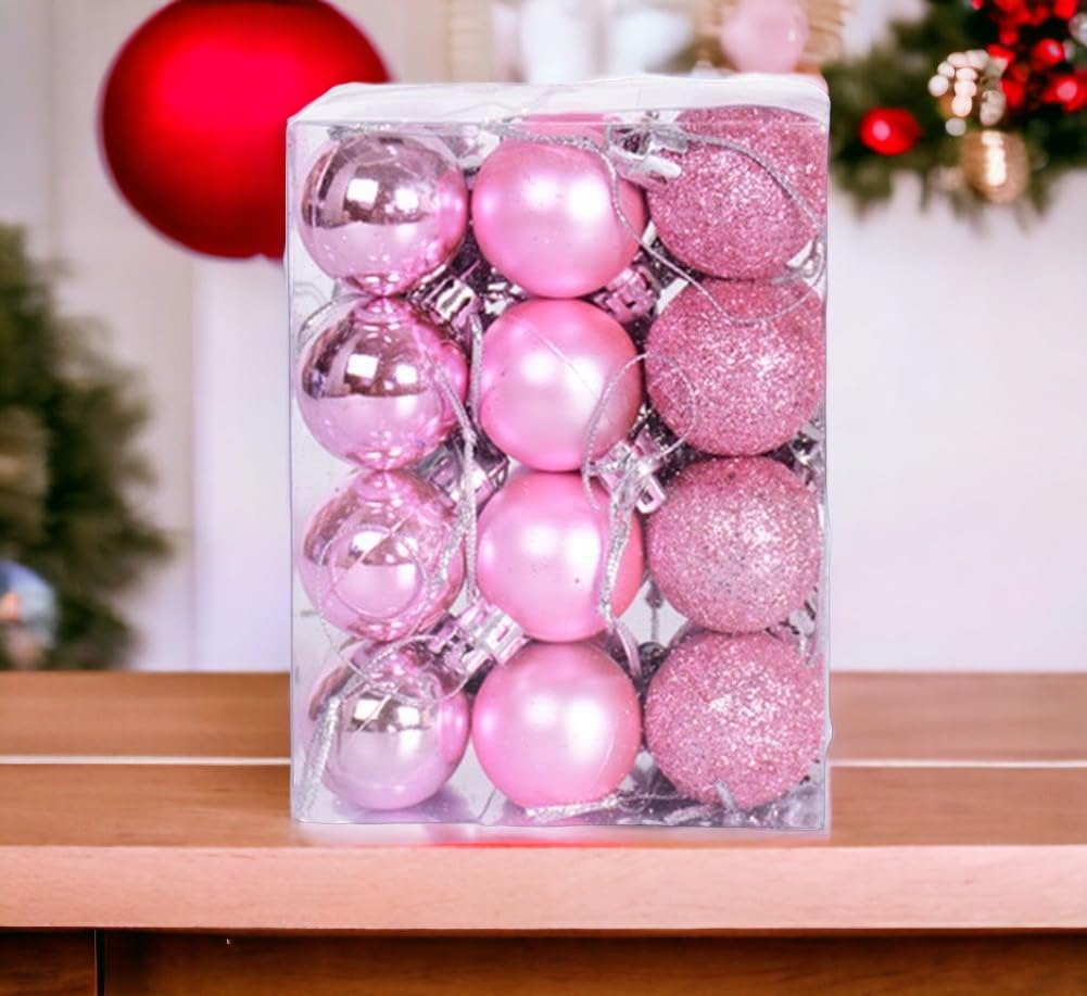3CM 24 Pink Christmas X-Mass Tree Decoration Balls Hangings Ornaments Xmas Hanging Tree Balls Merry Christmas Ball Bauble Decoration for Home Party (24 Pink)