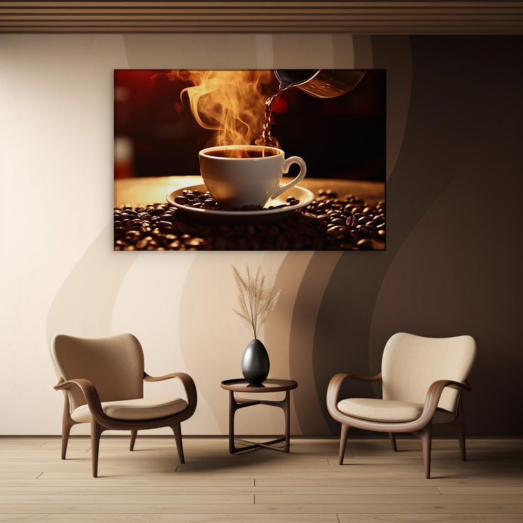 Canvas for Living room. Steamy Elegance as Coffee Overflows from Cup to Coziness, 27 x 18 inch Canvas Wall Art - Abstract By Atmosphere - Modern Home Decor