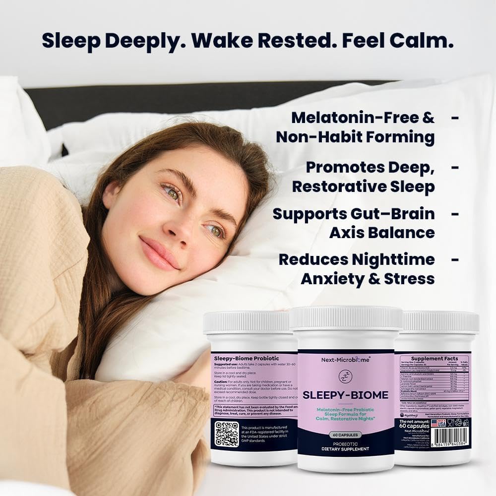 Sleepy-Biome – Melatonin-Free Probiotic Sleep Formula with GABA, L-Theanine, 5-HTP, Valerian, Lavender, Lemon Balm & Ashwagandha – Gut-Brain Axis Support for Calm, Restorative Sleep – 60 Capsules
