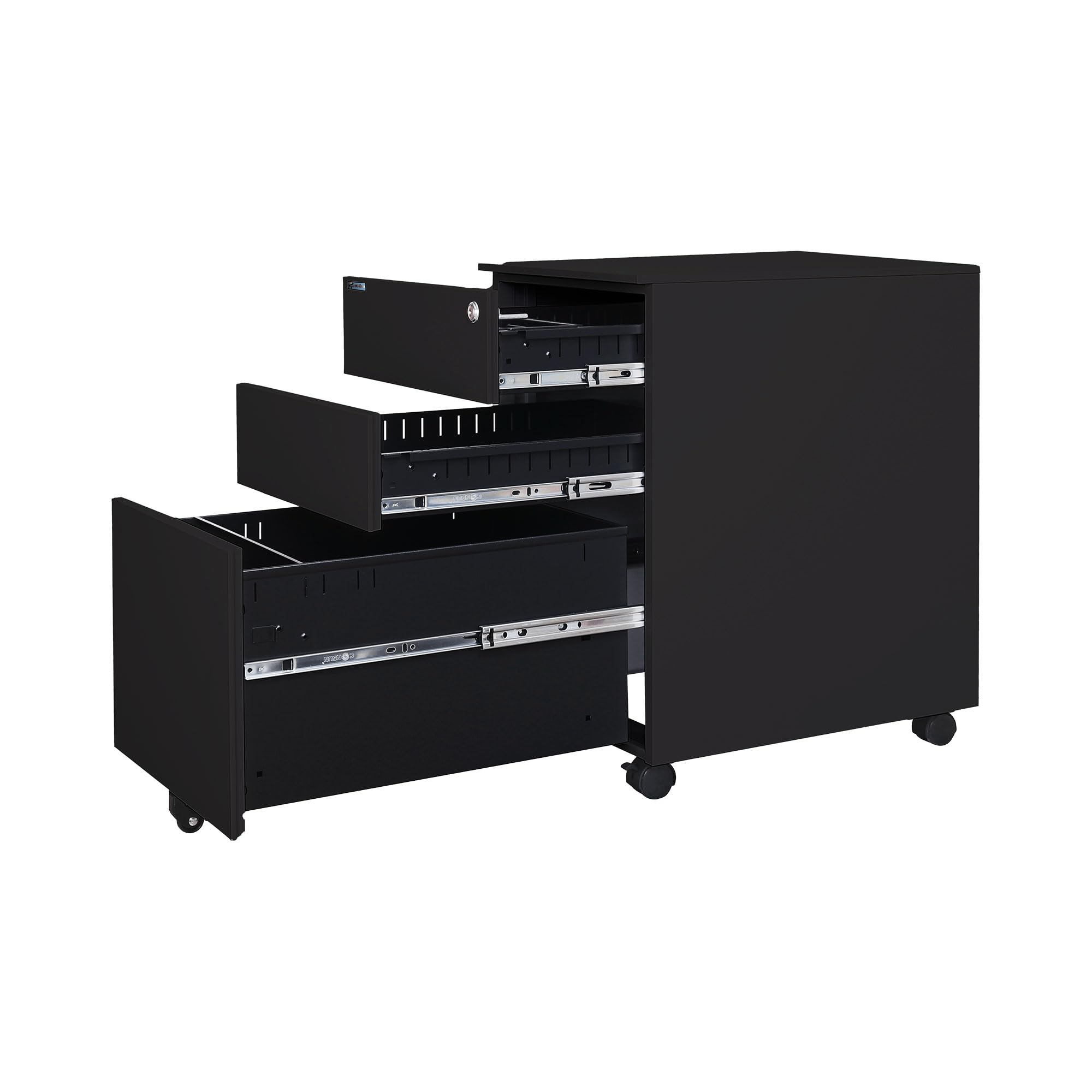 Rollcontainer abschließbar mit Schubladen 39x50x60 cm - mit 5 Rollen und Hängeregistratur - Aktenschrank Bürocontainer Standcontainer Büroschrank Rollschrank Schubladenkommode Schwarz