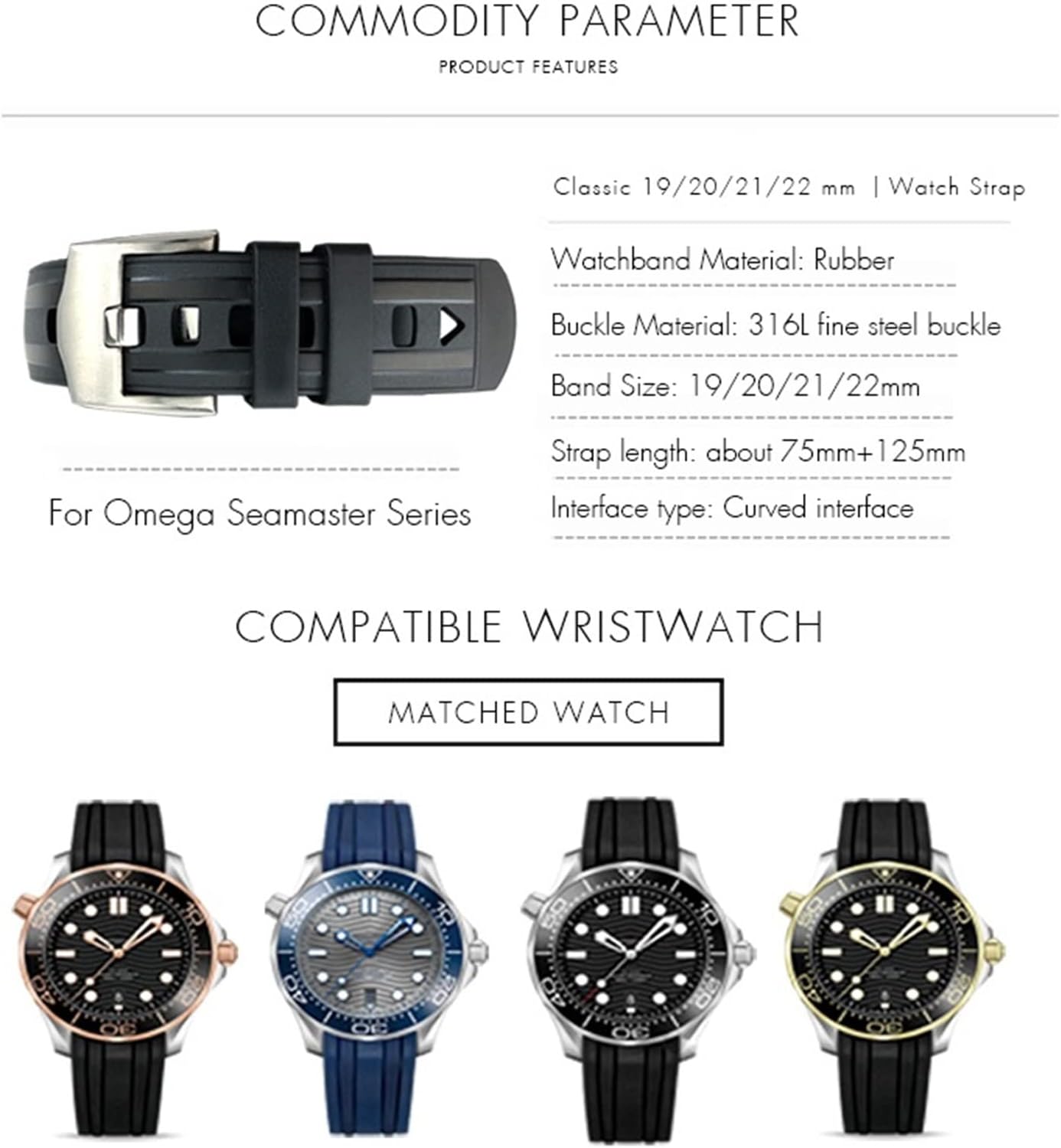 ZUC 20mm FKM Rubber Watchband 20mm For Omega New Seamaster 300 AT150 Black Blue Green Diving Waterproof Soft Strap