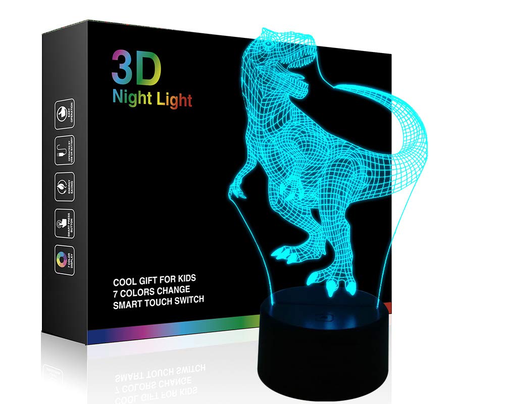 Wiscky Dinosaur 3D Night Light Lamp Jurassic Tyrannosaurus T-Rex LED Lamps Baby Nursery Nightlight Kids' Room Home Décor Xmas Birthday Toys Gifts 7 Color Changing