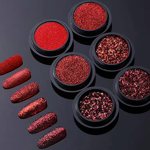 Juego de 6 cajas de lentejuelas con purpurina para arte de uñas, polvo de diamante de cristal rojo, 3D, holográfico, escamas brillantes, juego de