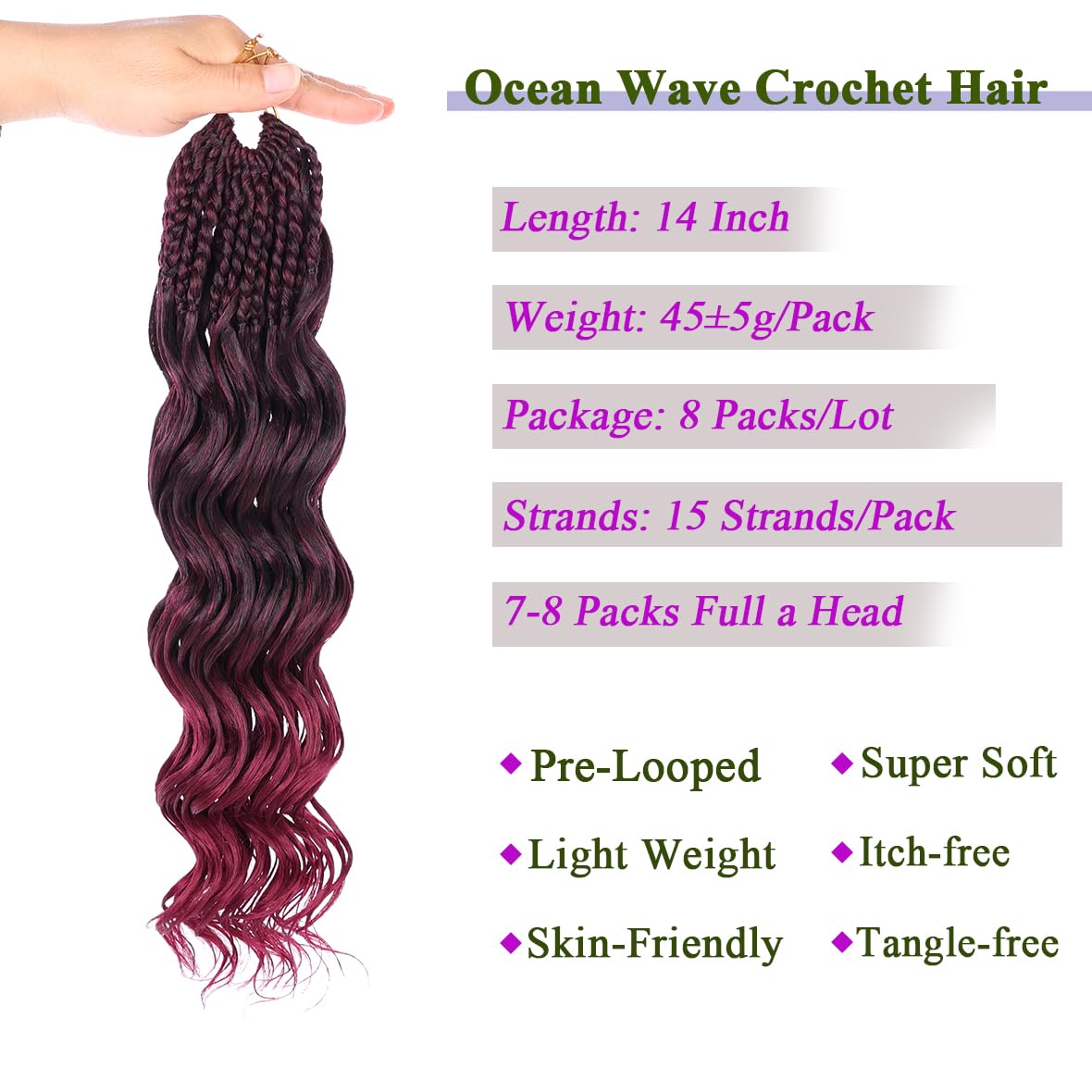 Kachanaa 14 Inch Pre Looped Ocean Wave Crochet Hair 8 Pack Curly Boho Ocean Braids Ombre Burgundy Pre Twisted Synthetic Deep Wavy Twist Hair TBUG# - Image 3