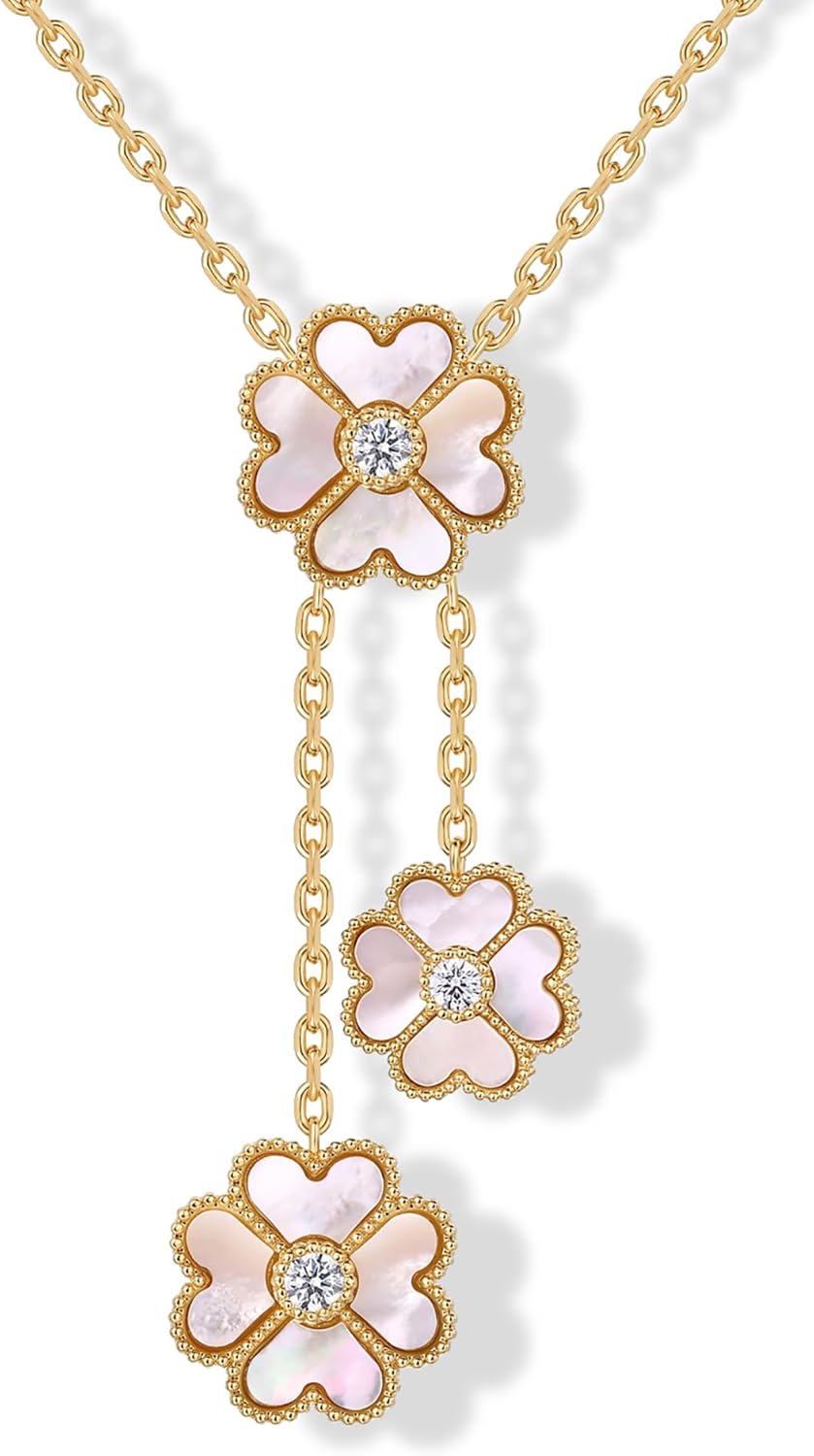 PAVOI 14K Gold Plated Clover Necklaces for Women - Lucky Four Leaf Clover Necklace Pendant - Trendy Flower Black Onyx Gemstone Mother of Pearl Jewelry Gifts