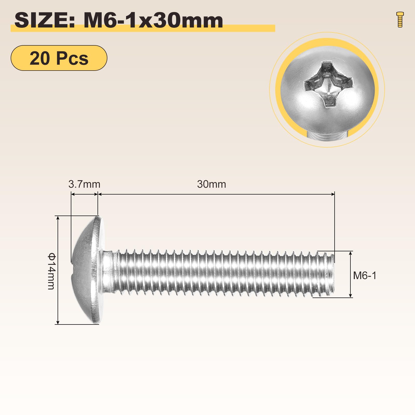 METALLIXITY Machine Screws Phillips Head(M6-1x30) 20Pcs, 304 Stainless Steel Round Head Phillips Drive Furniture Bolts - Image 2