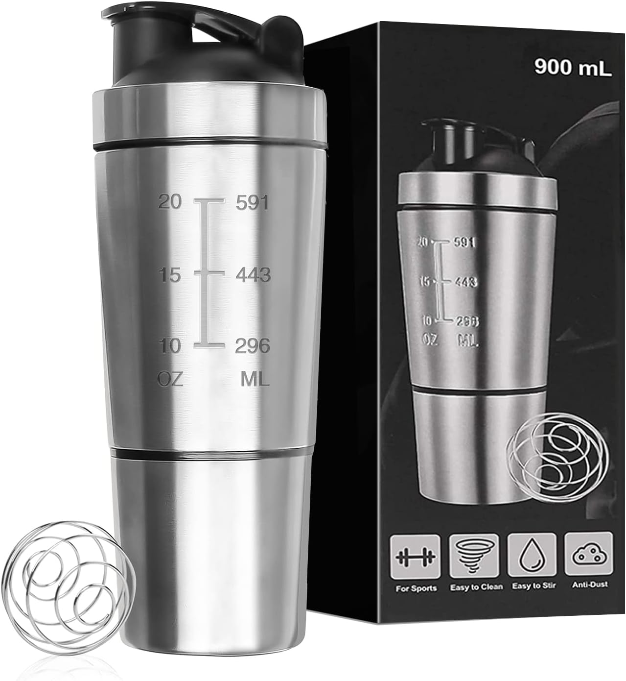 Stainless Steel Protein Shaker Bottle with Stirring Ball Durable Fitness Motion Kettle Leak-Proof Double Scale Water Bottle ๏ผ700 ml + 200 ml