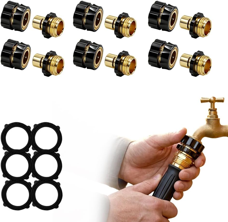 Garden Hose Quick Connector, 3/4 Inch Hose Connector Adapter Kit, Male and Female Fittings with No-Leak Design, Widely Fit for Water Hose Instant Connection (6 Sets)