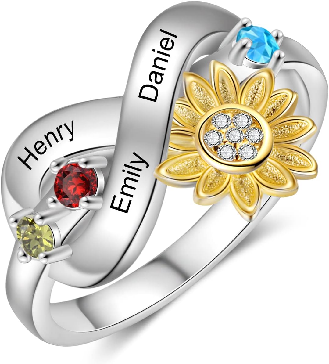 ALBERTBAND Sunflower Ring LanM Personalized 3 Birthstone Rings for Women Custom Infinity Heart Rings Engraved Rings with Names Mothers Day Rings for Women Mom Grandma Wife Daughter Her
