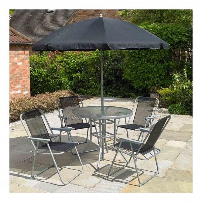 Set Giardino 6 Pezzi Shintenchi Con Ombrellone - Tavolo Vetro E 4 Sedie Pieghevoli Nero