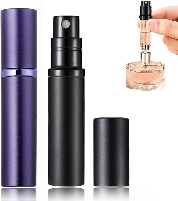 POTWPOT Refillable Travel Perfume Atomizer, 2 Pack 5ML Atomiser Perfume Spray Bottle Travel Size Perfume Bottle Travel Accessories (Black & Purple)