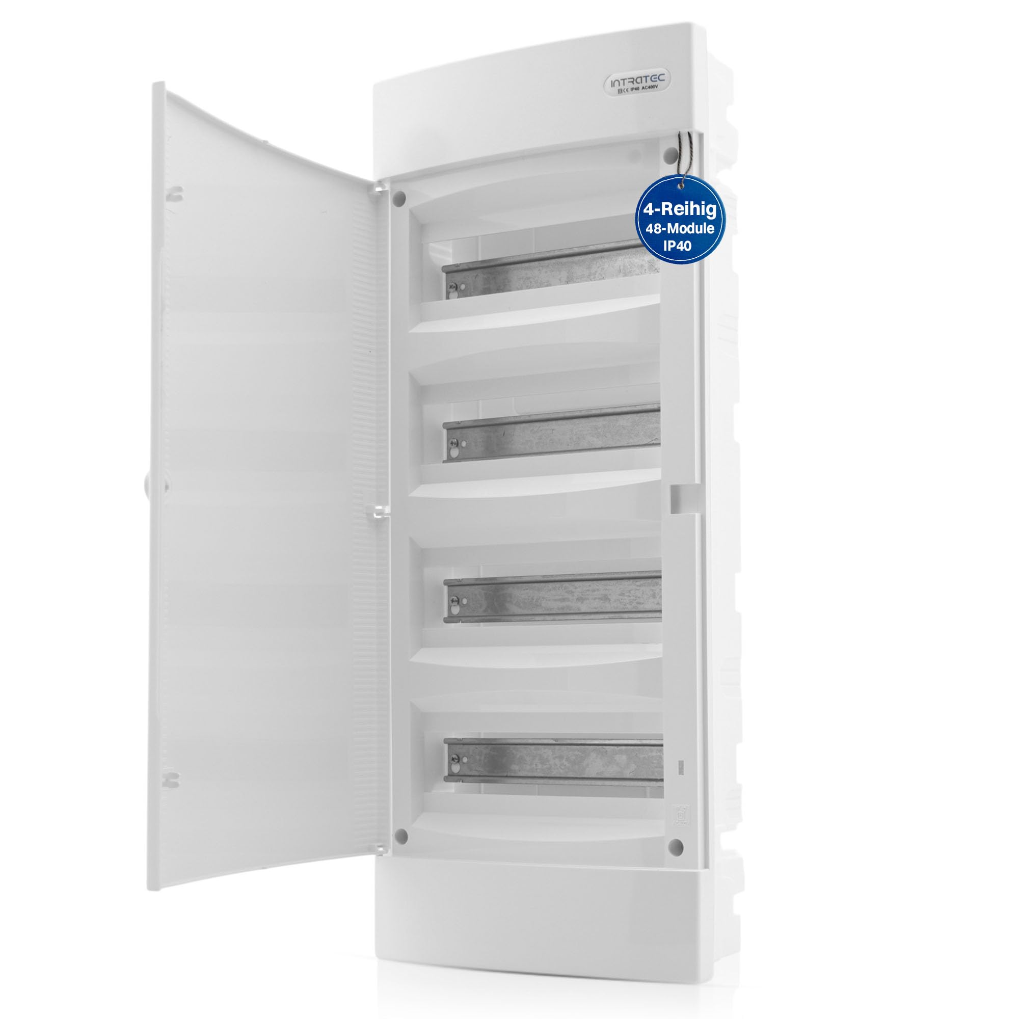 Intratec Sicherungskasten Unterputz 4 reihig – Unterputz Verteilerkasten IP40 für 48 Module mit weißer Tür und Hutschiene für einfache Elektroinstallation Zuhause & Gewerbe – 676 x 283 x 106mm