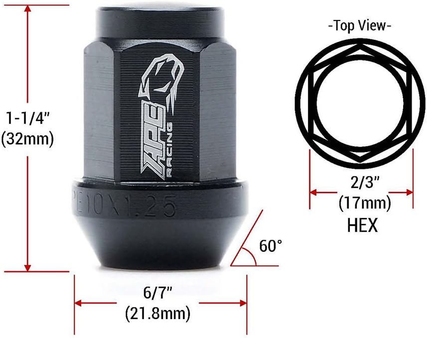 Black Acorn Wheel Lug Nuts - APE RACING Forged 7075-T6 Aluminum 10x1.25mm Tapered Lugnuts (Pack of 16) for ATV Quad, 17mm Hex Head 60 Conical Seat, Extremly Light Weight and Corrosion Resistance
