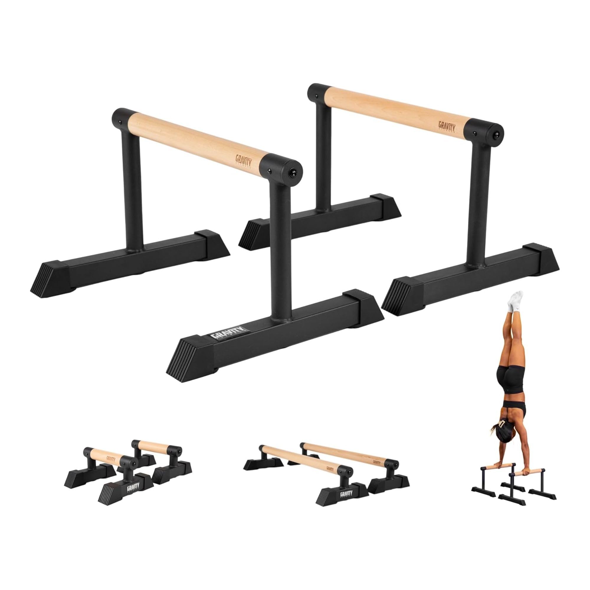 Gravity Fitness Lange Parallettes met Hybride Houten Handgrepen – Stabiele Calisthenics Bars voor Bodyweight Training, Handstand, Push-ups, Home Gym, Gymnastiek en Reizen