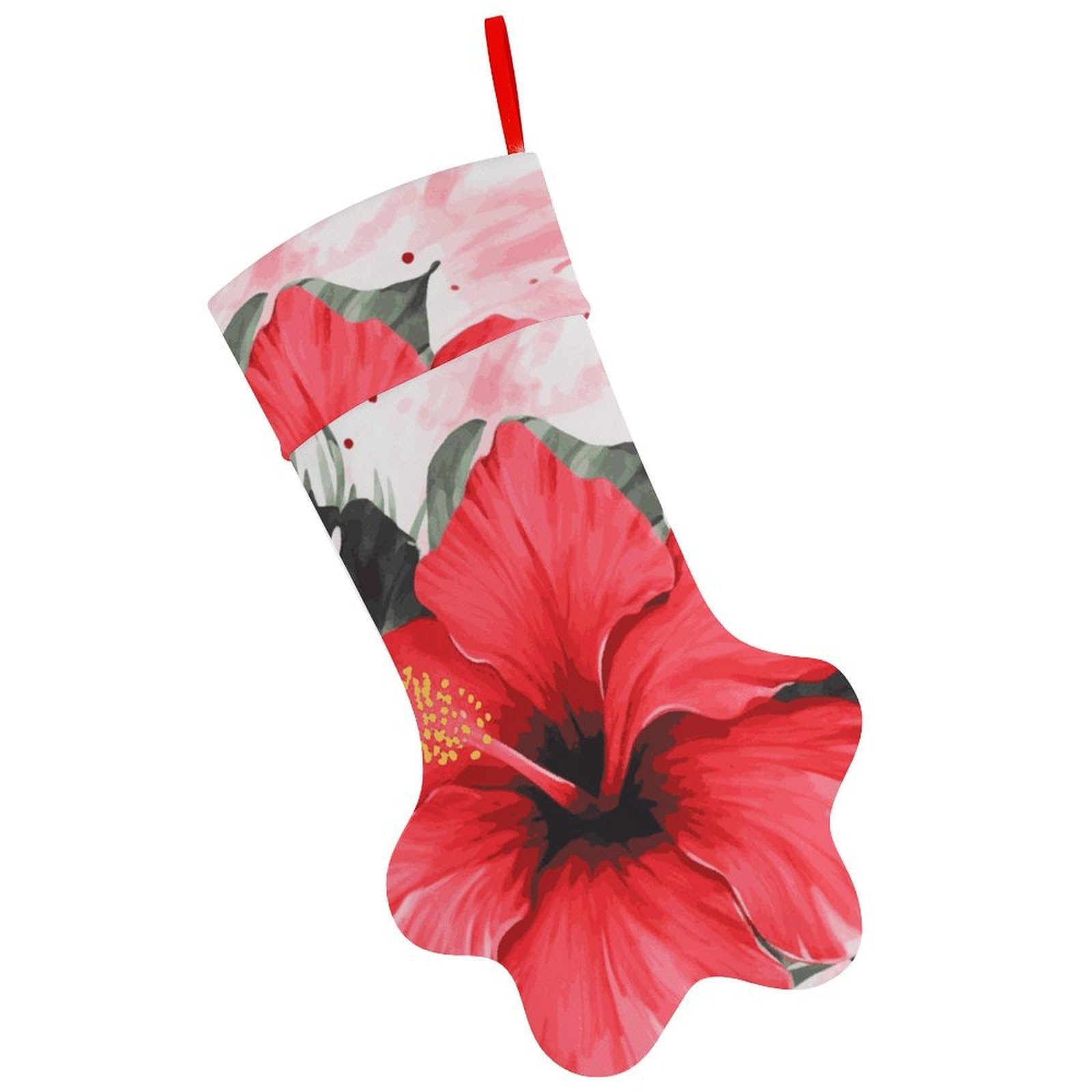 Red Hibiscus Christmas Stocking Soft Comfortable Christma Sornaments Stocking Cute All-Printed Dog-Paw Stockings for Xmas Eve Party Fireplace Tree Gift Decoration