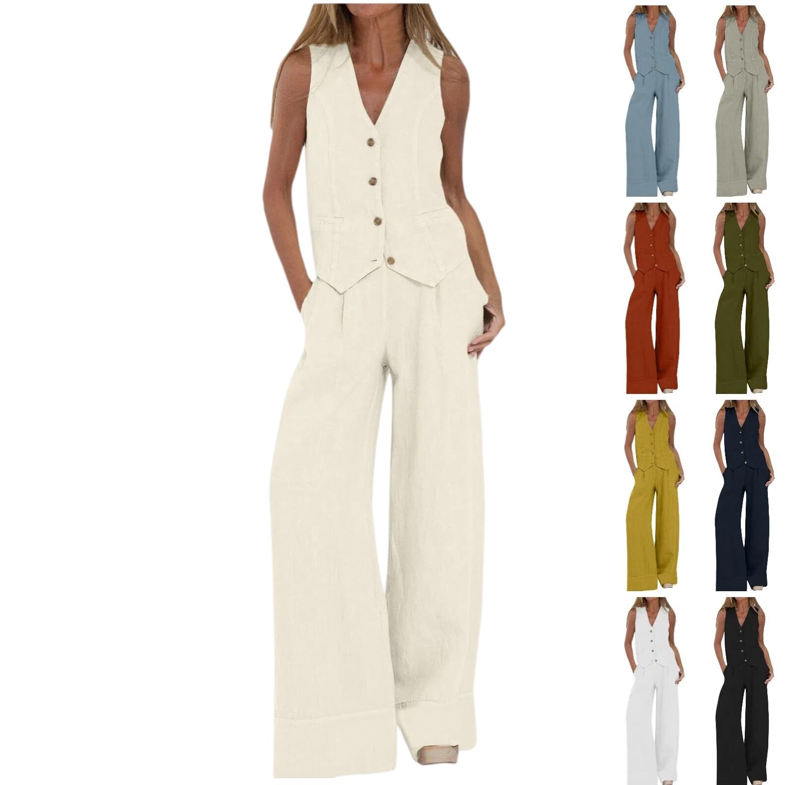 Hosenanzug Damen Elegant Baumwolle Leinen Business Outfit Sommer Ärmellos Blazer Weste und Weitem Bein Hose 2 Teilig Einfarbig V-Ausschnitt Freizeitanzug Slimfit Zweiteiler Streetwear Festlich Anzug