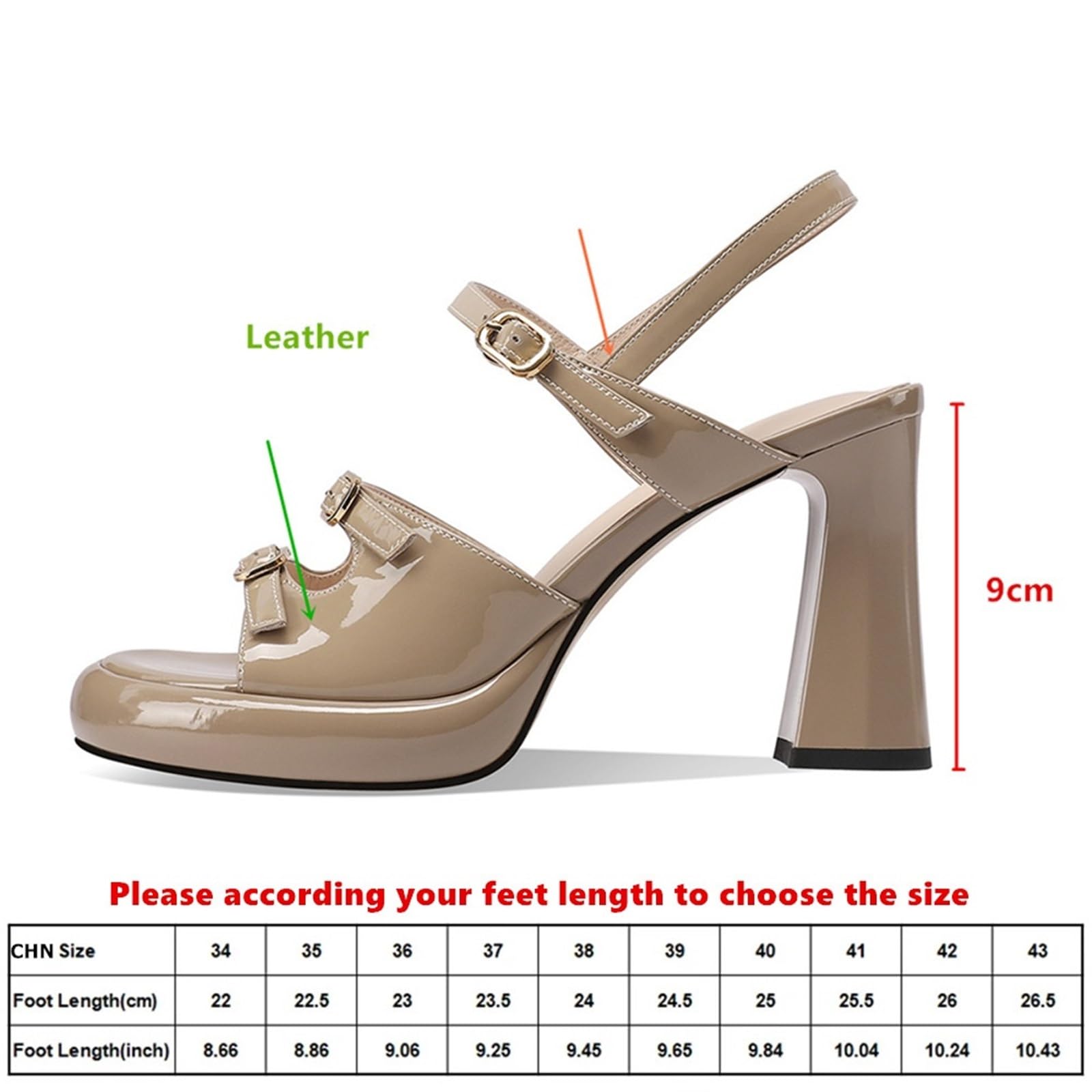 Sandali gladiatore da donna in pelle con punta aperta, quadrati, fibbia, for feste, ufficio, scarpe estive pendolare tacco alto