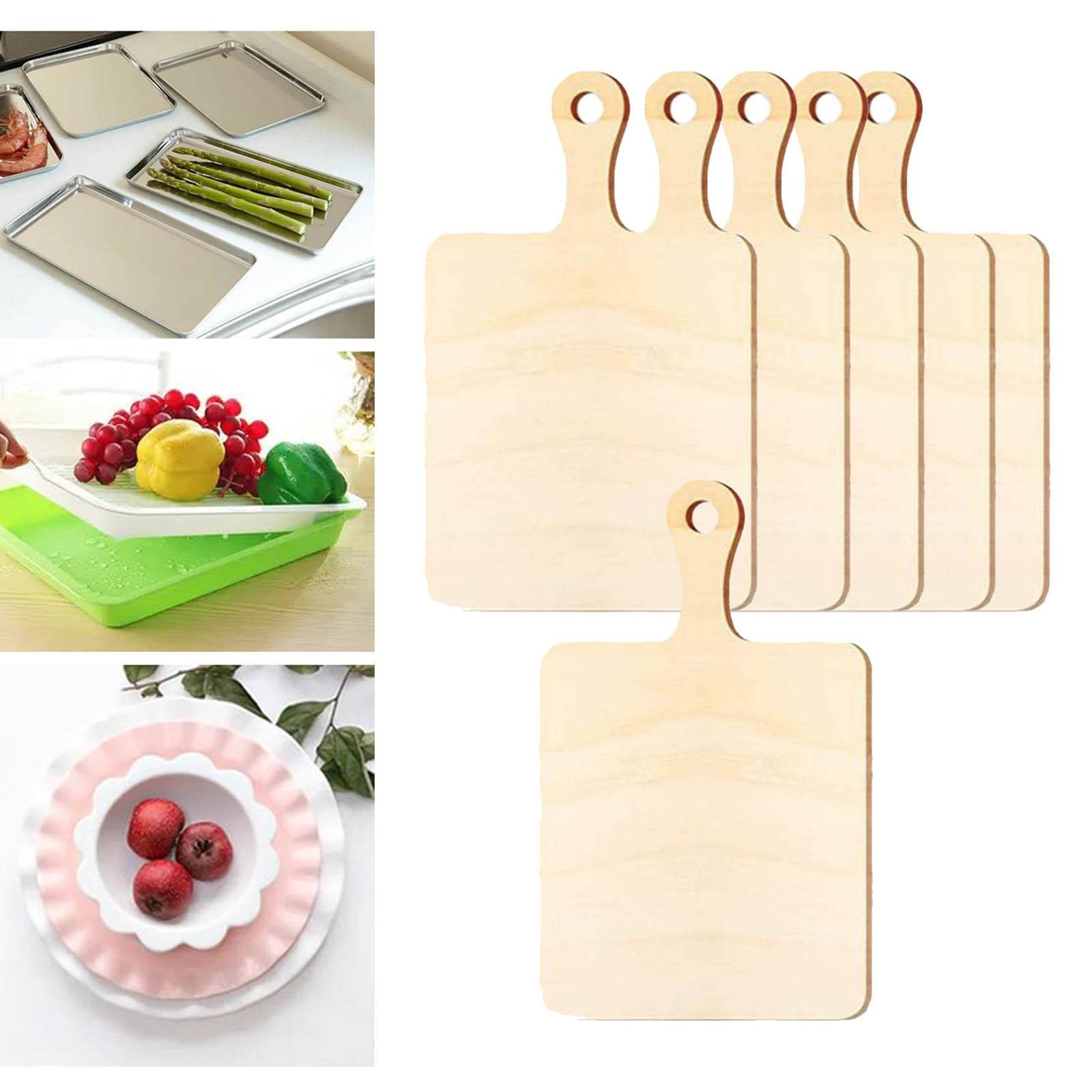 Holzschneidebrett, 6X Mini-Serviertabletts aus Holz mit Griff, rechteckig, unbehandelt