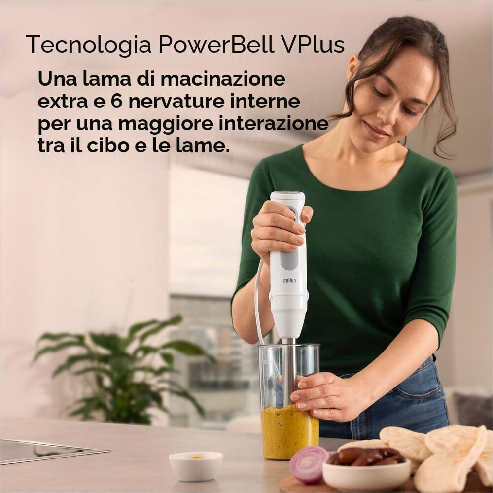 Braun MultiQuick5 MQ50.001M MINIPIMER, 21 Velocità, Tecnologia Tedesca, ECO-SOSTENIBILE PRODOTTO CON PLASTICA RICICLATA, impugnatura ergonomica, Asta in Acciaio, Bicchiere 600ml, Potenza 1000W,Bianco