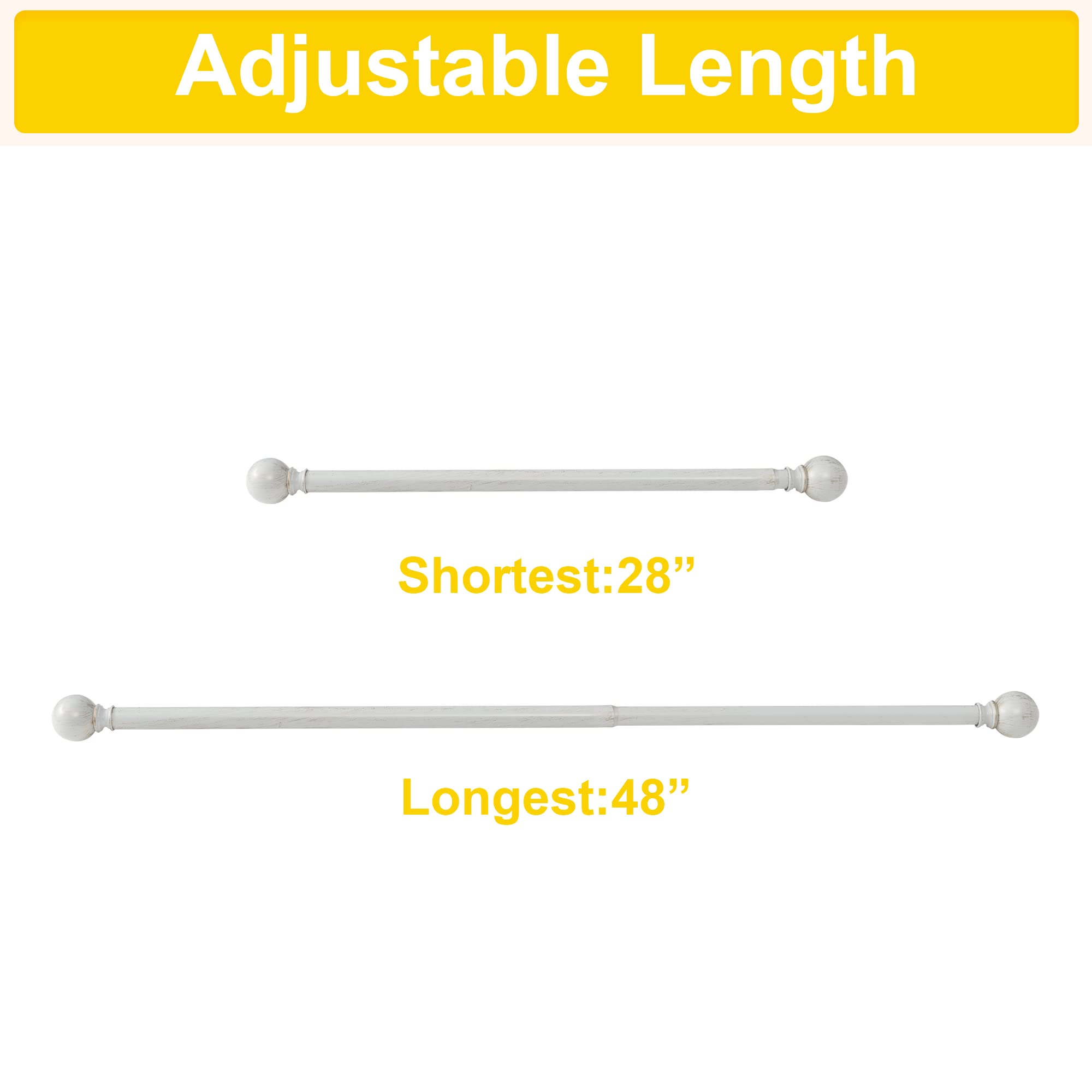 NICETOWN Tringle à rideaux décorative pour fenêtre simple, style rétro, standard de 2,8 cm de diamètre, réglable de 71,1 à 121,9 cm de long avec embouts ronds, blanc antique