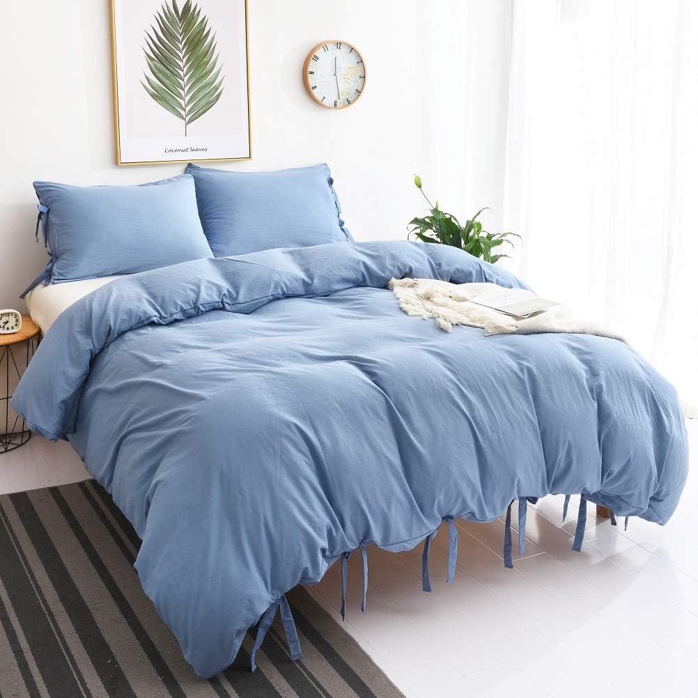 M&Meagle Duvet Cover Blue,Solid Color Bowknot Design,100% Microfiber Treated by Washed Cotton Process,Feels Like a Very Soft Cotton-King Size (3Pcs,1 Duvet Cover 2 Pillowcases)