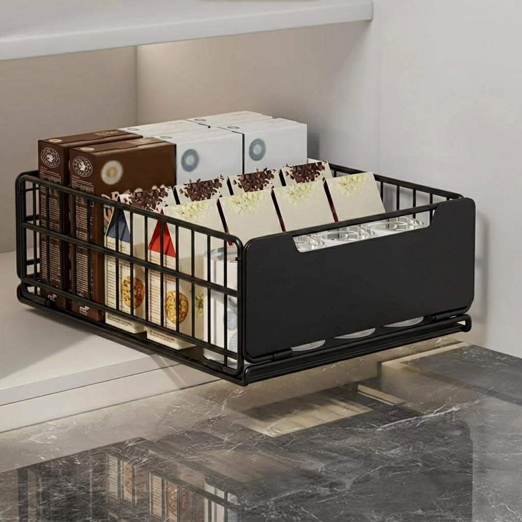 Lidzopas Black Pull Out Cabinet Organizer Slide Out Drawer Storage Shelves Cupboard Organiser Sliding Cabinet Basket For Kitchen, Bathroom, Bedroom With Silent Slide No Drilling And Nailing 24.5 * 37.5 * 19Cm