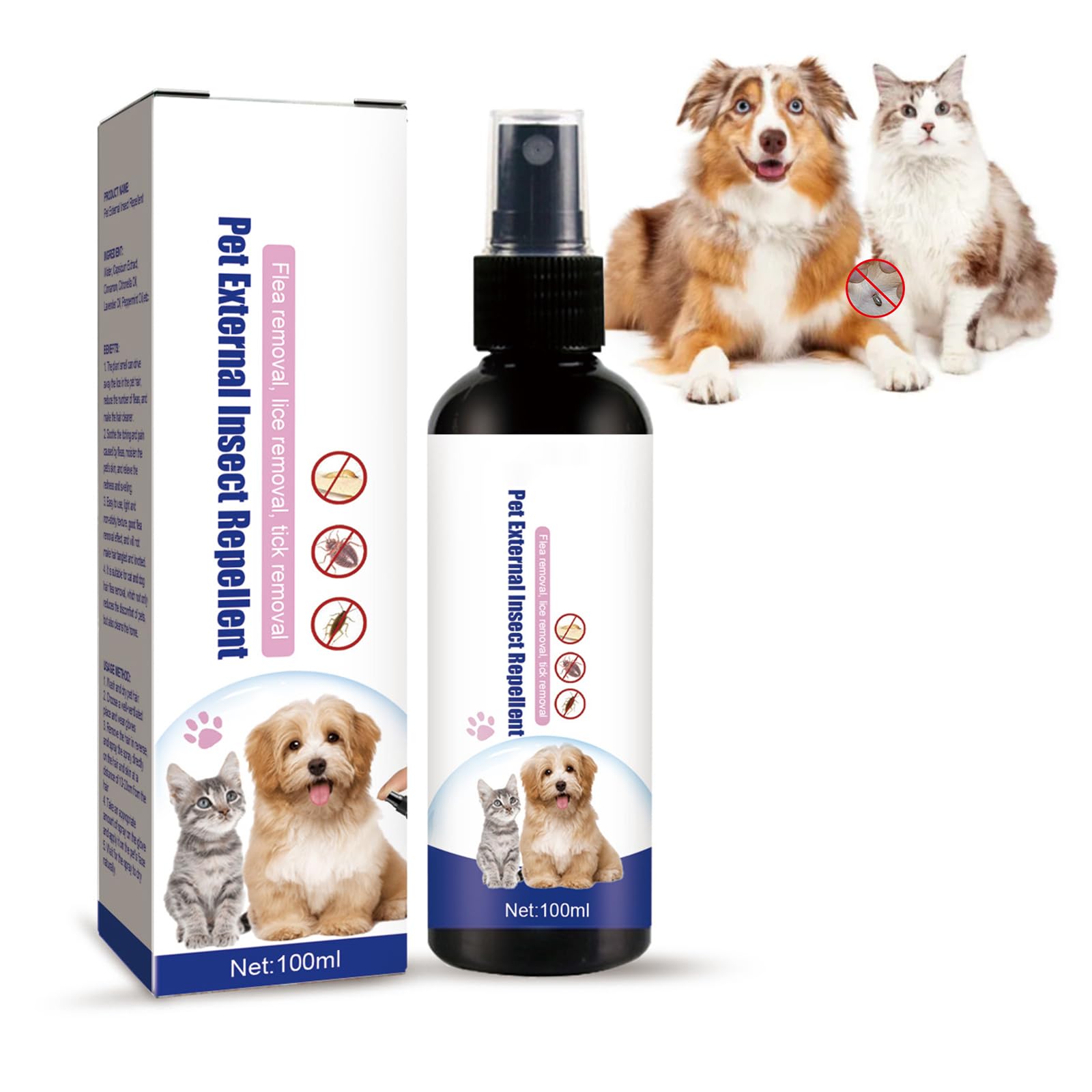 100ml Pet External Insect Repellent, Pet Anti-Flea Spray, For Flea、Lice、Tick, Cat And Dog Pet Skin Cleaning External Lice Repellent Tick Anti-Itch Spray