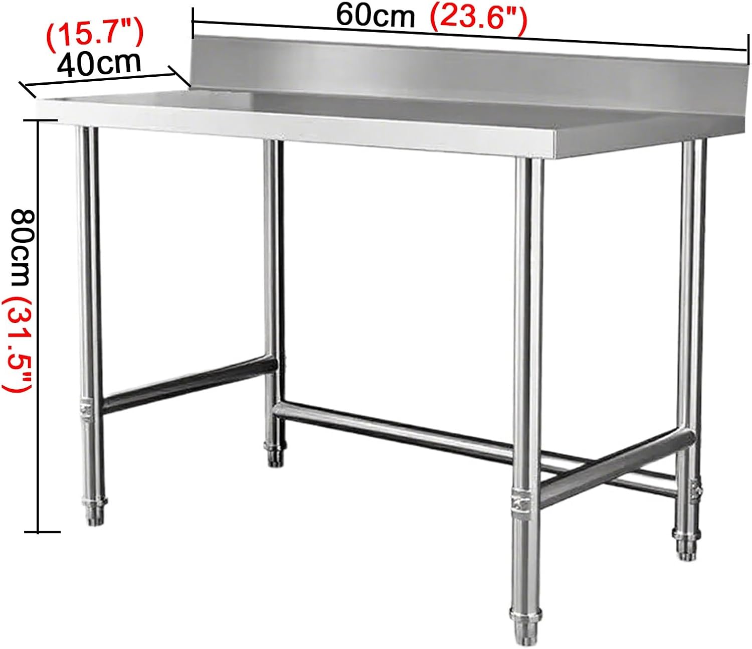 Stainless Steel Table with Splash Guard Kitchen Work Tables Ample Storage Space Tight Connections Triangular Support Structure Adjustable Feet Reinforced Crossbeam Beneath Countertop