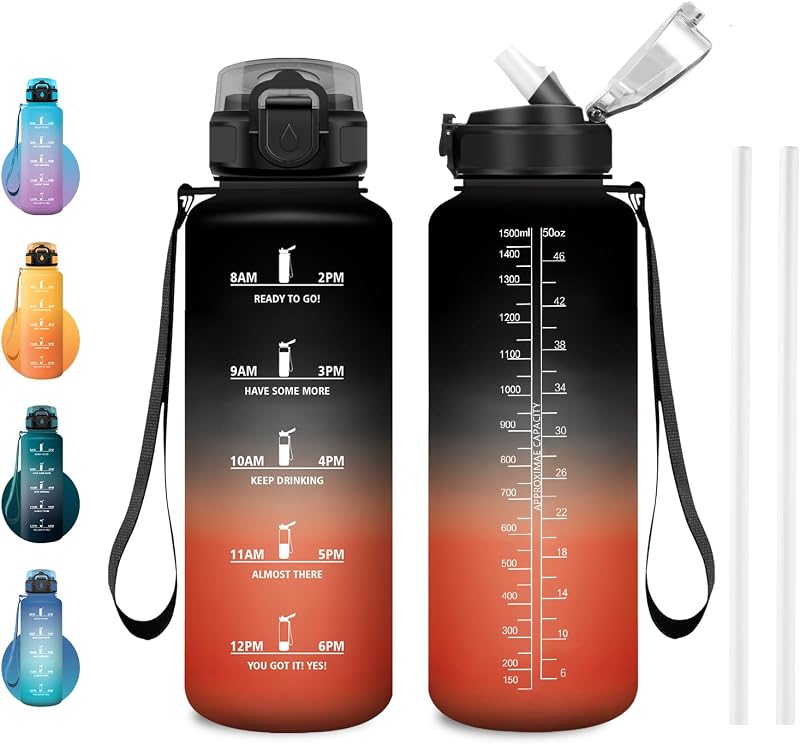 Borraccia 1.5 Litro, Borraccia con Cannuccia, Motivazionale con Indicatore del Tempo, senza BPA, Riutilizzabile, A Prova di Perdite, per Ufficio, Campeggio, Yoga