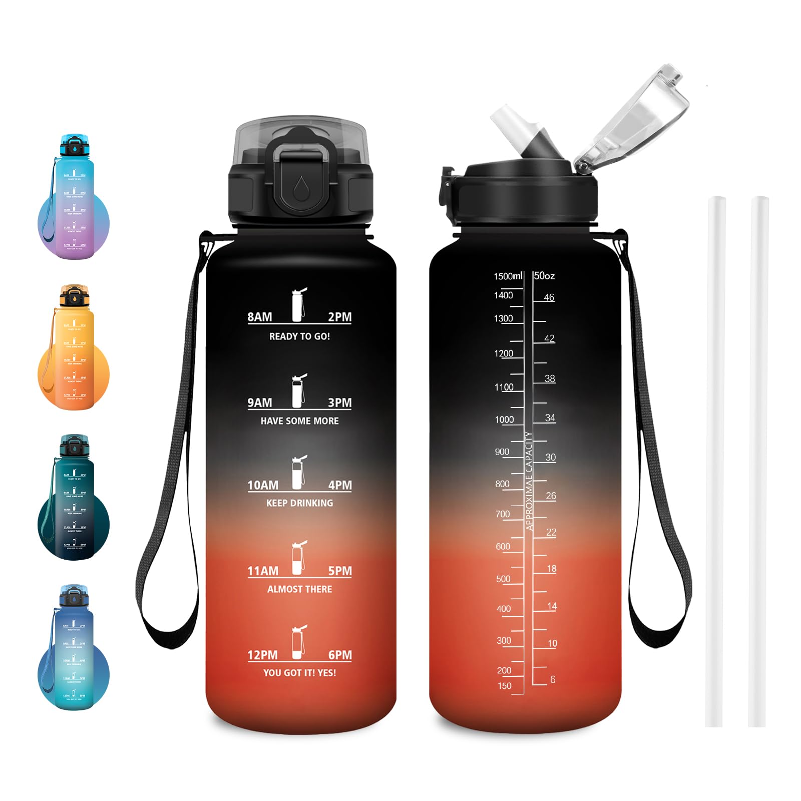 Borraccia 1.5 Litro, Borraccia con Cannuccia, Motivazionale con Indicatore del Tempo, senza BPA, Riutilizzabile, A Prova di Perdite, per Ufficio, Campeggio, Yoga