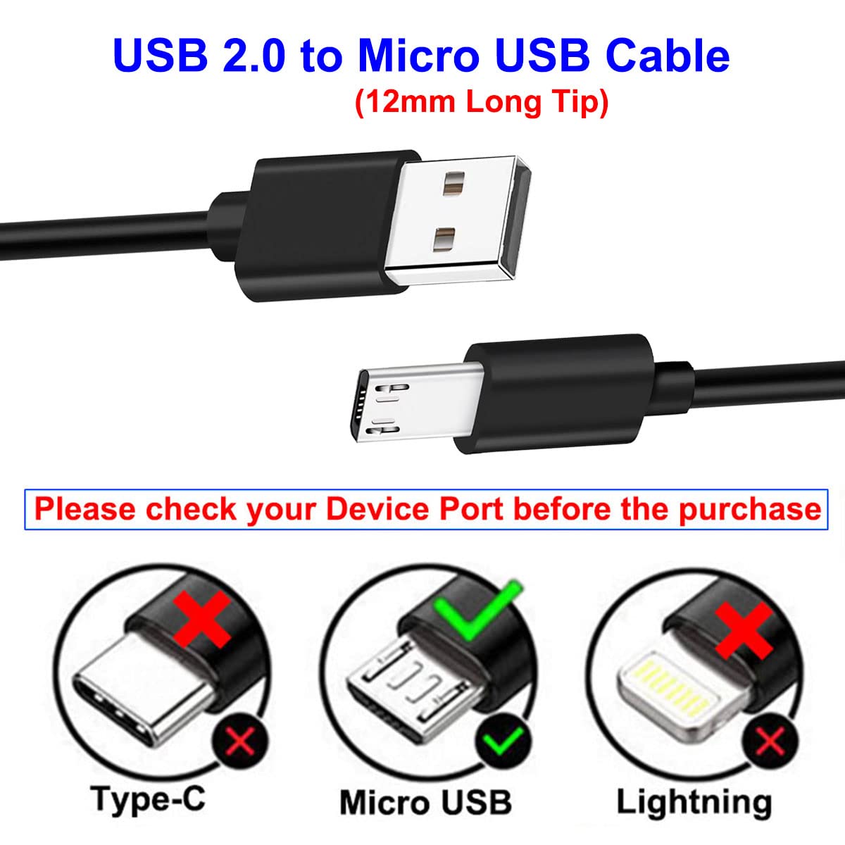 UNIDOPRO 2Pcs 3FT 12mm Long Tip Micro USB Cable Compatible with Blackview BV4000 BV4900 BV5500 Pro/Plus BV5800 BV6000 BV6000s /Oukitel WP12 WP8 Pro, WP6/Doogee/Ulefone Armor X7 Pro X6 X5 Rugged Phones