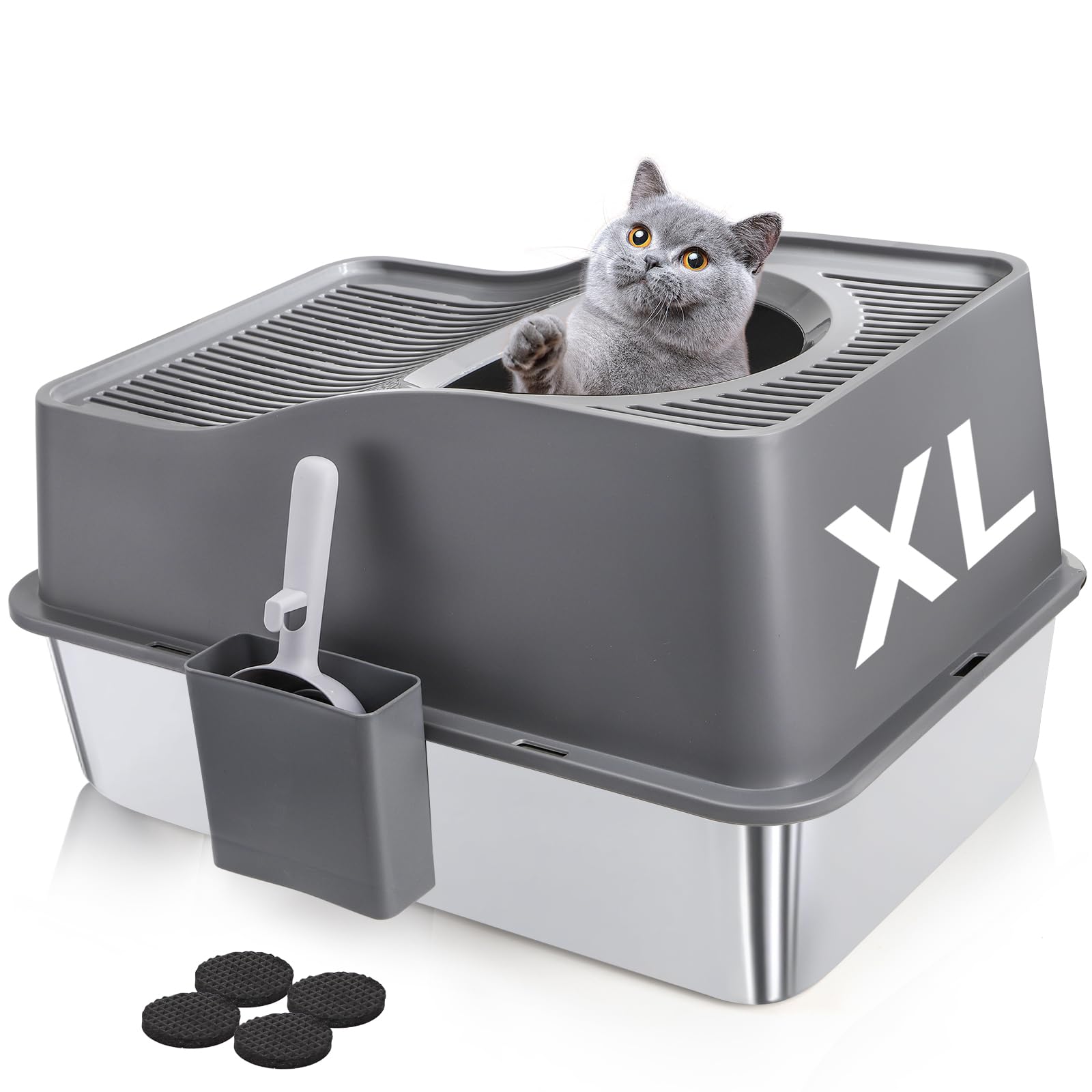 SOUJOY Stainless Steel Cat Litter Box with Lid, Extra Large Top Entry Litter Boxes for Big Cats, Enclosed Removable Metal Litter Box with Scoop and High Wall, Anti-Leakage, Easy Cleaning