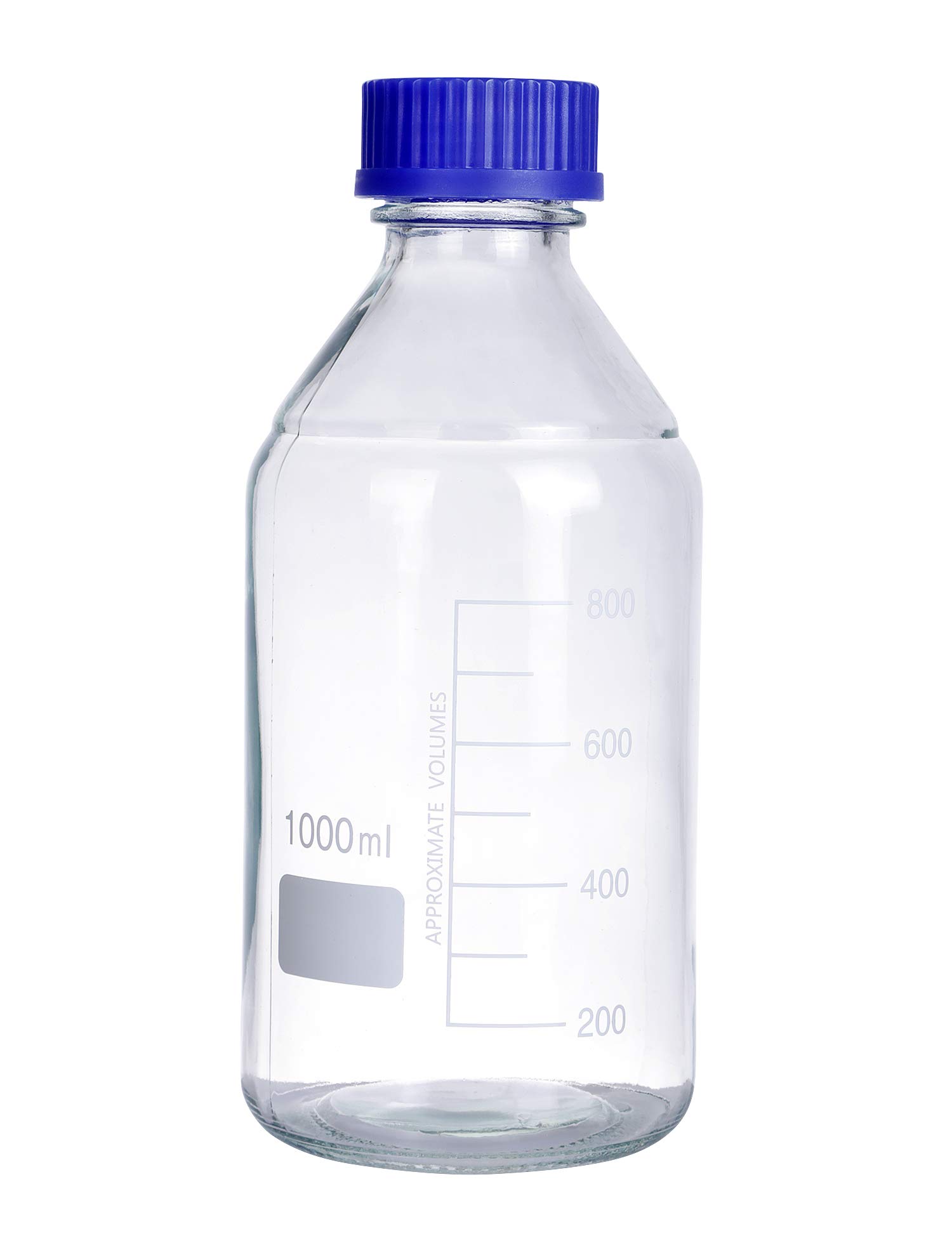 Pyrex - Paquete de 4 botellas de vidrio redondas graduadas de 1000 ml con tapón de rosca de polipropileno azul GL45
