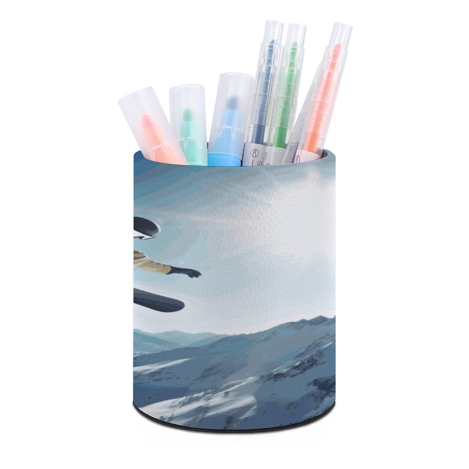 FekiLoot Round Leather Pen Holder - Multipurpose Desk Organizer, Modern Pencil Cup, Snowboarding Pencil Holder, Unique Makeup Brush Holders for Office Home Supplies & Gifts