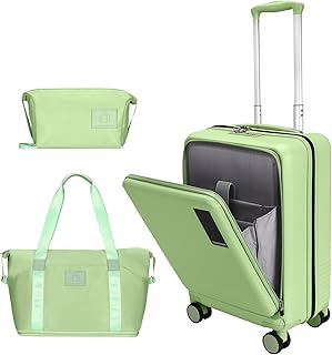 20 inch Carry On Luggage Front Open Pocket Extension Bag, ABS+PC Suitcase with Spinner Wheels TSA Lock & YKK Zipper, 20in/Toiletry Bag/Handbag, Light Avocado Green