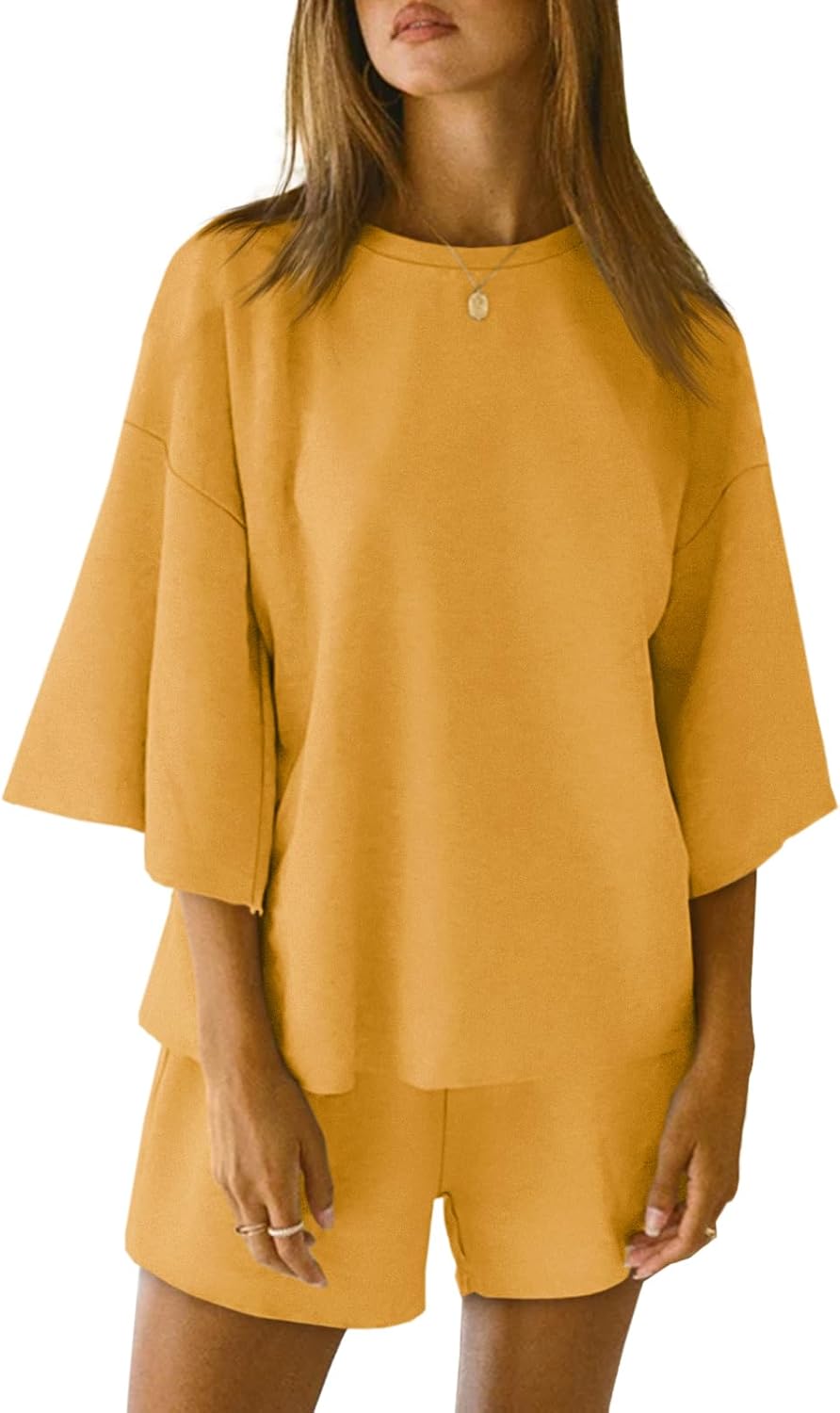 Tankaneo Womens Pajama Sets 3/4 Sleeve Oversized Tops and Elastic Waist Shorts Lounge Sets Loungewear