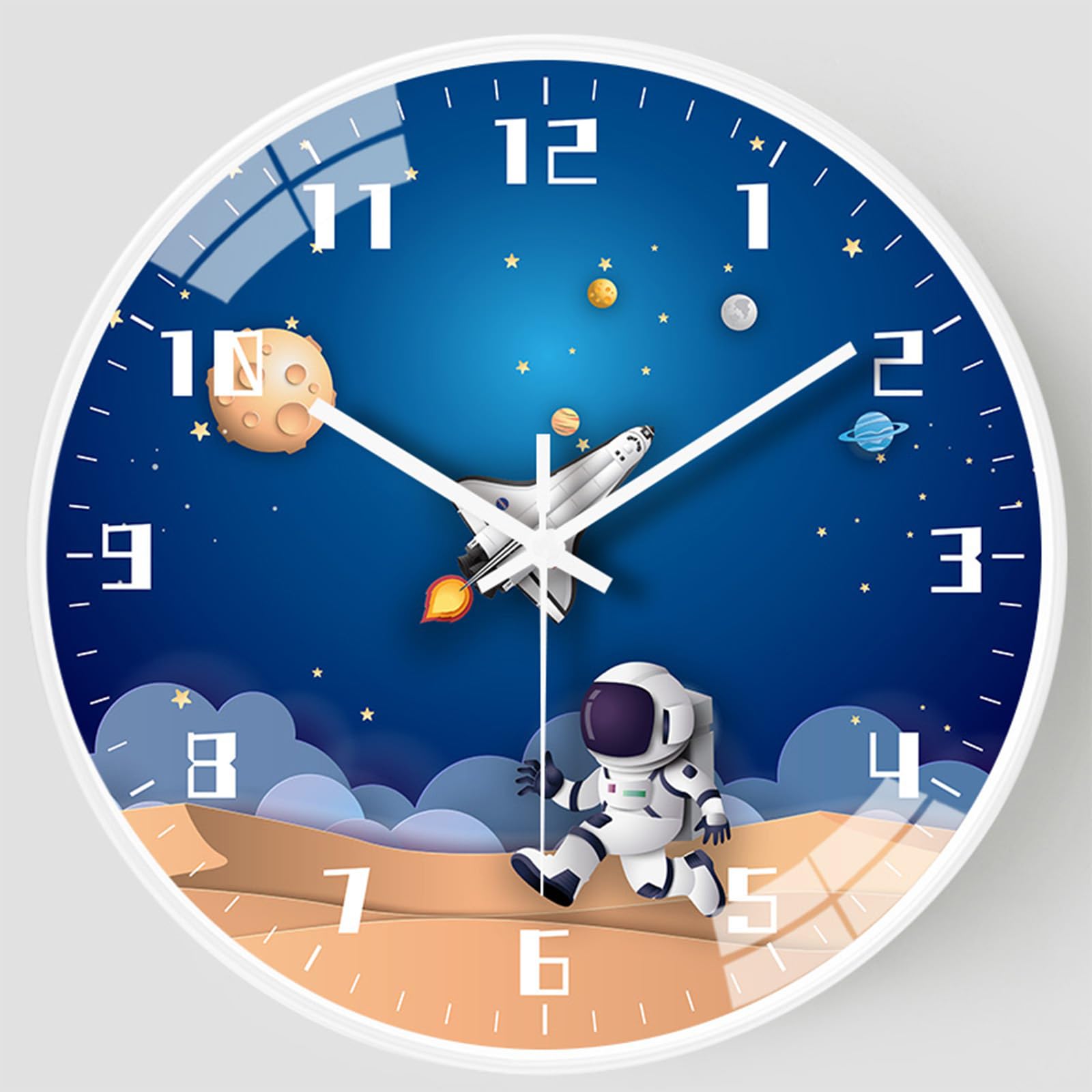 QINFIEY 30,5 cm lautloses Uhrwerk Kinder-Wanduhr, nicht tickend, runde Wanduhr, batteriebetrieben, Raum, Reisestil, Dekoration, Kinderuhr für Zuhause, Schule, Jungen, Schlafzimmer, Wohnzimmer (weiß)