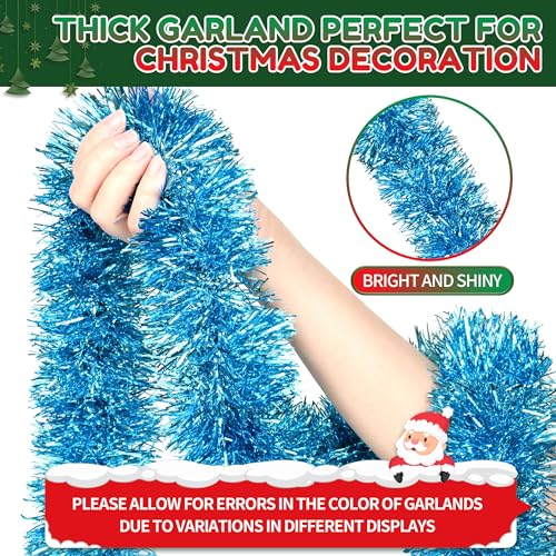 Image of 50 Ft Christmas Tinsel Garland Sky Blue Thick Tinsel Garland Xmas Tree Decorations Metallic Tinsel Twist Garland for Christmas, Birthday, Party Decor Indoor Outdoor Party Supplies