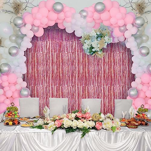 Image of Accevo Pink Party Streamers 3Pack Glitter Foil Fringe Curtain 3.2ft x 8.2ft Pink Party Decor Photo Booth Streamers Metallic Tinsel Door Streamer for Valentines Day Decorations Christening Party Decor