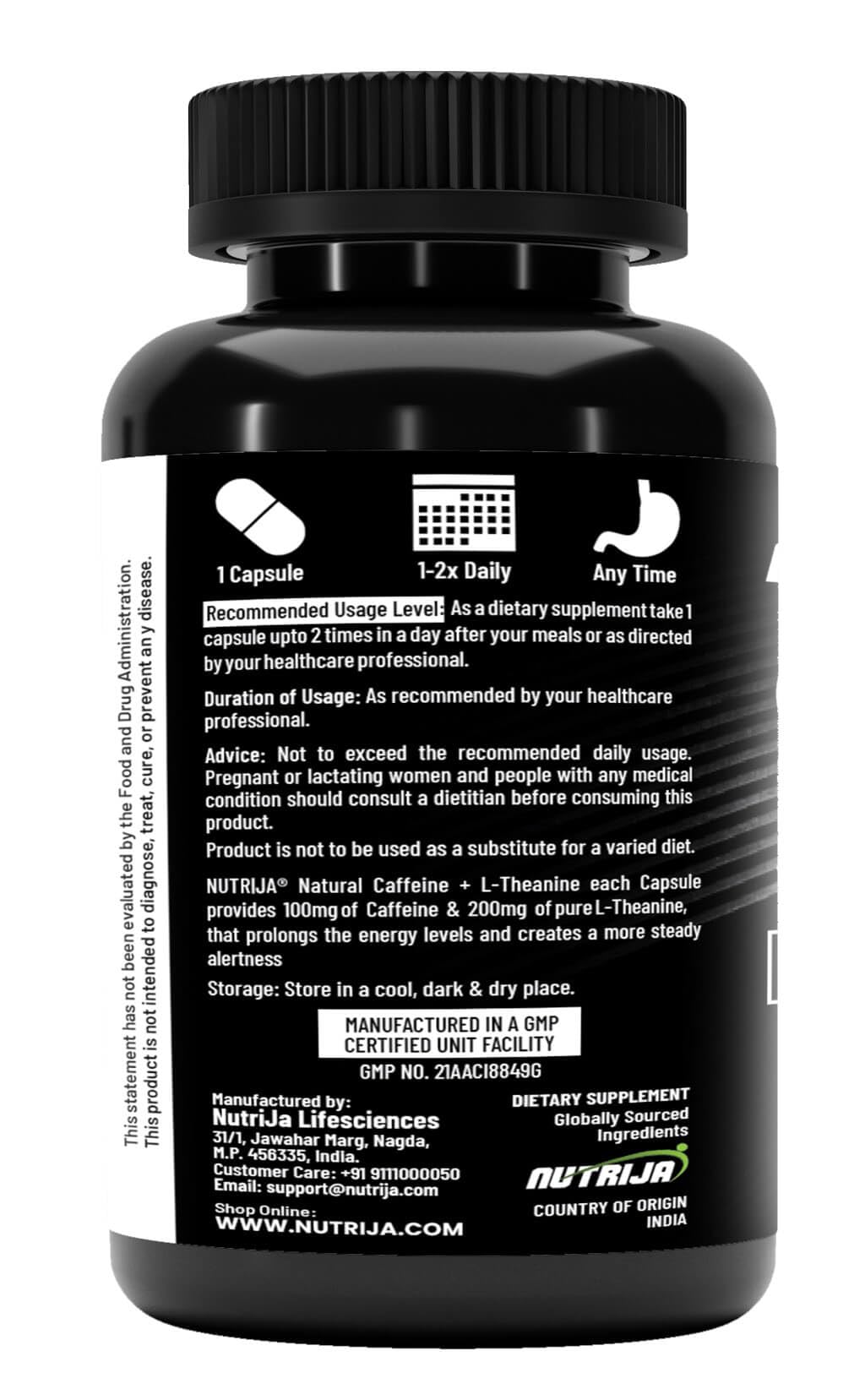 NutriJa Natural Caffeine 100MG Plus L-Theanine 200MG | Promotes Energy, Alertness,Concentration & increased attention | Cognitive performance stack- no crash or jitters. (120 Capsules) — Amazon image 3