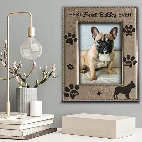 Miniatura 2 de BELLA BUSTA - Marco de fotos Best French Bulldog Ever-Dog, regalo para amantes del bulldog francés, marco de fotos de cuero grabado (5 x 7 pulgadas