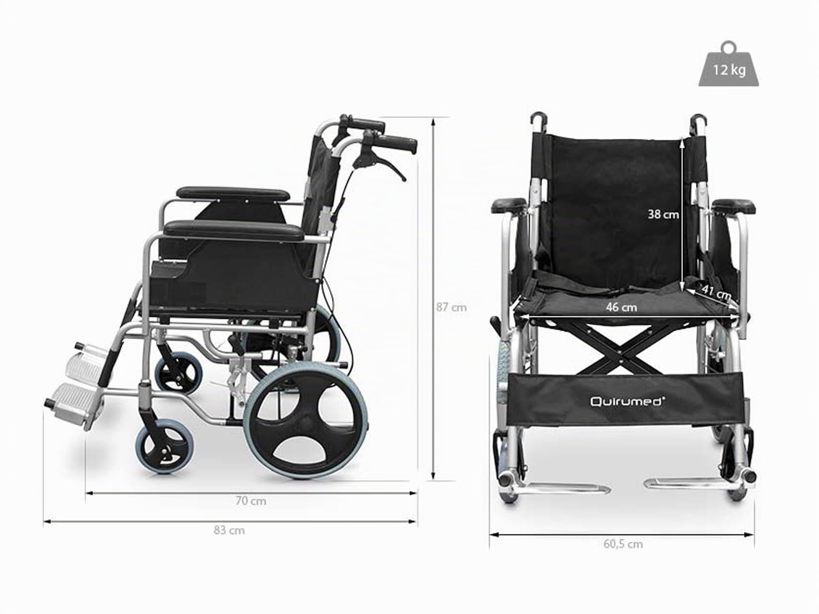QUIRUMED Silla de ruedas de aluminio para viajes, Asiento 46 cm, Silla de ruedas de tránsito, para traslado, Plegable, Ligera, Cinturón de seguridad, Reposapiés abatibles