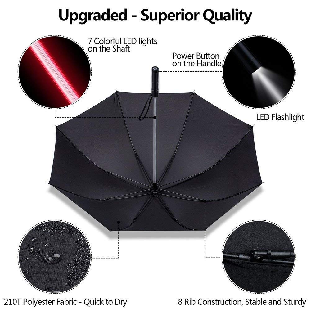 NEO+ Parasol z latarką LED, miecz świetlny, podświetlany czarny parasol z 7 kolorami